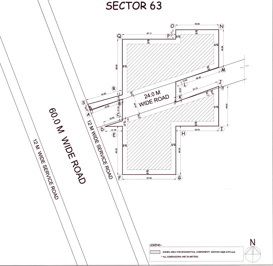 Site layout from the DTCP zoning plan for The Aureva: two buildable zones either side of a 24 m internal road, fronting a 60 m sector road with 12 m service roads, Sector 63